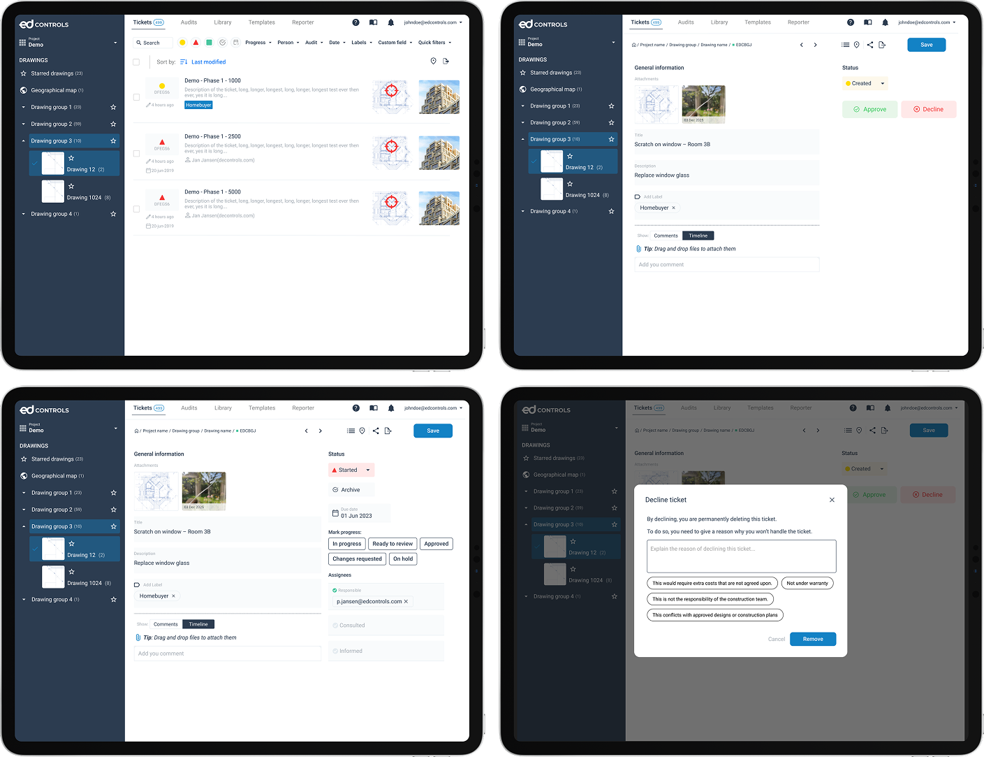 Construction team interface showing ticket overview, ticket details, status handling and decline feedback flow