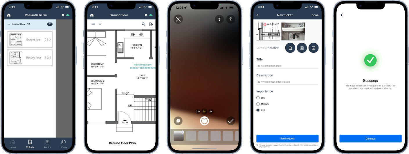 Reporting flow showing issue selection, drawing, photo capture, ticket form and success screen