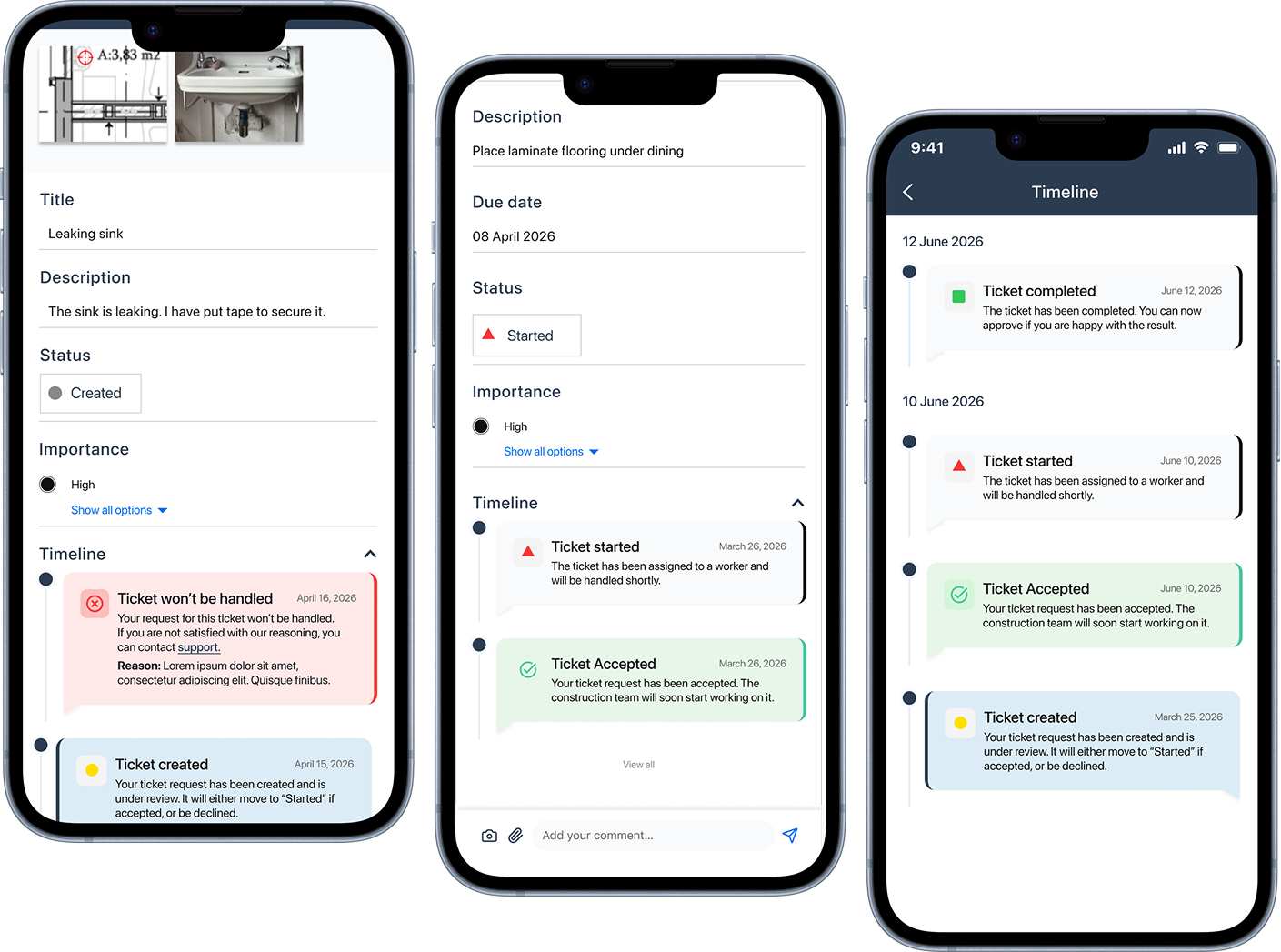 Homebuyer ticket detail and timeline showing transparent status updates and feedback